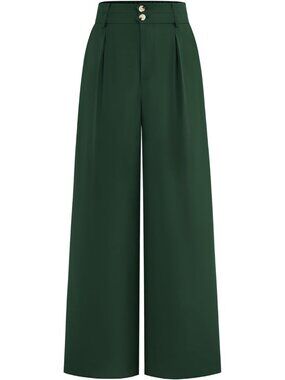 Women's Wide Leg Dress Pants Dark Green High Waisted Button Trousers Palazzo